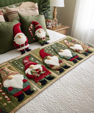 Gnome Gathering Quilted Bed Runner — Charming Holiday Gnome Bed Scarf, Whimsical Quilted Decorative Accent For Guest & Kid Bedrooms