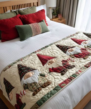 Whimsical Gnome Holiday Quilted Bed Runner - Playful Seasonal Bedding Accent With Festive Gnome Motif, Durable, Reversible, Easy Care