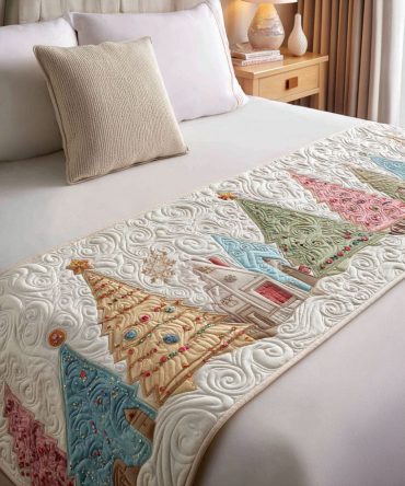 Golden Garland Tree Quilted Bed Runner — Luxurious Metallic-Accented Christmas Bedding Accent, Eye-Catching Holiday Layer