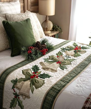 Golden Jingle Quilted Bed Runner - Elegant Metallic Holiday Accent With Gold Detailing, Luxury Festive Throw To Brighten Bedrooms & Living Spaces