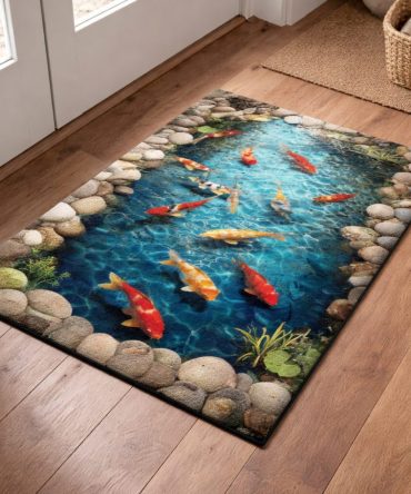 Golden Koi Pool Decorative Doormat - Elegant Aquatic Coir Welcome Mat With Fish Motif, Weatherproof Non-Slip Entrance Rug For Home & Garden