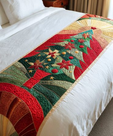 Golden Pine Quilted Bed Runner — Luxe Pinecone & Needle Holiday Bed Scarf, Quilted Seasonal Accent For Elegant Bedrooms