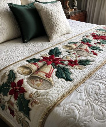 Golden Bells Quilted Bed Scarf — Luxe Holiday Bedding Accent For Queen & King, Shimmering Gold Motif For Festive Bedrooms
