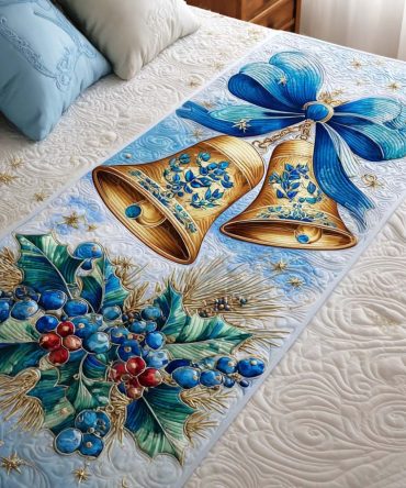 Golden Bells Festive Quilted Bed Runner — Elegant Metallic Accents Bed Scarf For Holiday & Winter Bedding, Soft Quilting