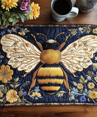 Golden Bloom Bee Quilted Placemat - Warm Floral Bee Table Mat, Textured Quilting for Everyday Dining & Special Occasions