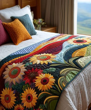 Golden Bloom Fields Quilted Bed Runner — Sunflower-Inspired Bed Scarf, Bright Boho Cotton Accent For Sunny Bedroom Makeovers