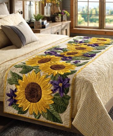 Golden Bloom Quilted Bed Runner — Elegant Floral Gold Accent Bed Scarf For Queen & King Beds, Lightweight & Machine Washable — Luxe Look