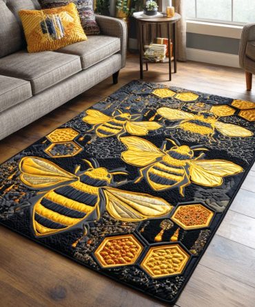 Honeycomb Gold & Amber Accent Rug — Modern 'Buzz' Designer Rug For Living Room, Textured Low-Pile, Stylish Durable Flooring