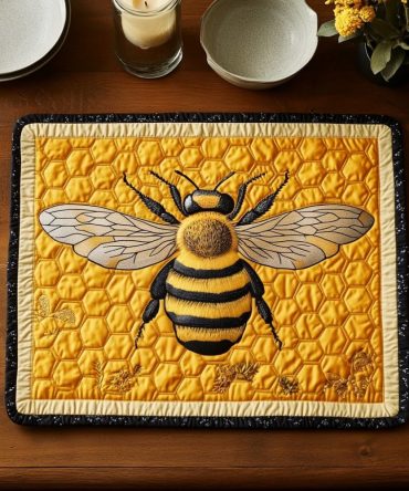 Golden Buzz Quilted Place Mat - Stylish Honeybee & Gold Accent Dining Mat for Trendy Kitchen Tablescapes