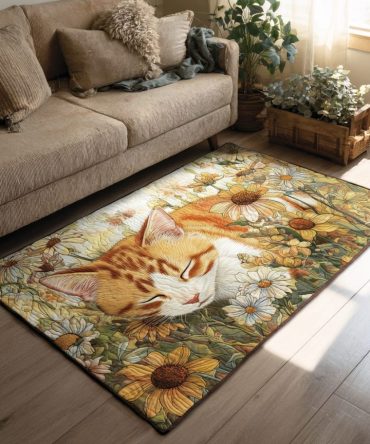 Playful Golden Cat Motif Rug — Cozy Durable Accent Rug For Bedroom Or Nursery, Soft Pile, Cute Feline Design For Pet Lovers