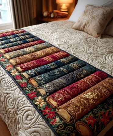 Golden Classics Quilted Bed Runner — Elegant Gold-Tone Book Print Bed Scarf, Luxurious Quilted Accent For Traditional Bedrooms
