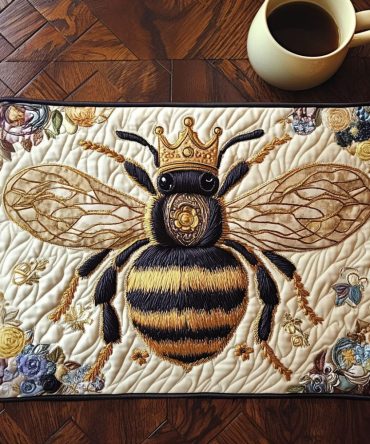 Golden Crown Bee Quilted Placemat - Luxe Gold Bee Design, Reversible Dining Mat, Gift-Ready Kitchen Accent for Entertaining