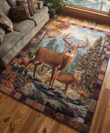 Rustic Golden Deer Accent Rug — Woodland Deer Silhouette Rug For Cabin Or Living Room, Soft Plush Pile, Cozy Rustic Decor