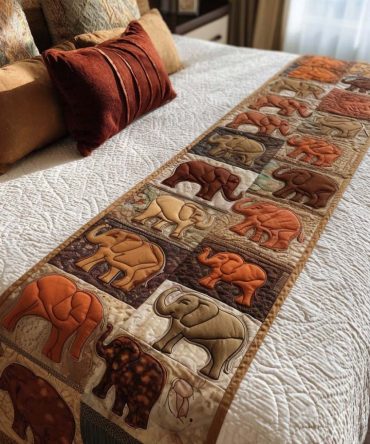 Golden Elephant Quilted Bed Runner — Luxe Gold-Tone Cotton Bed Scarf For Queen & King, Elegant Boho Accent With Intricate Motif, Reversible Design