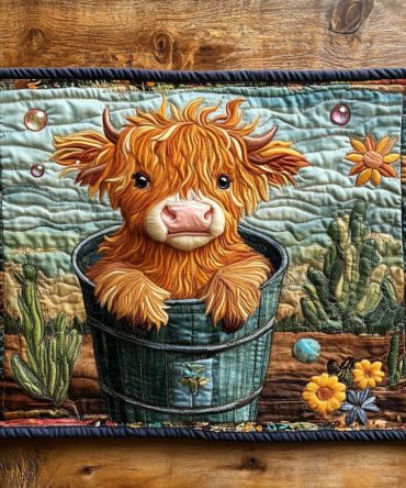 Golden Fluffy Cow Quilted Placemat — Sunlit Farmhouse Table Mat, Soft Cotton Quilting, Heat-Proof & Machine Washable for Stylish Dining