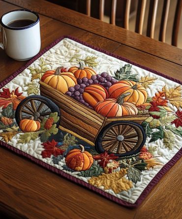 Golden Gourd Quilted Placemat — Autumn Harvest Table Mat with Warm Pumpkin Tones, Insulated Layer, Machine Washable for Seasonal Decor