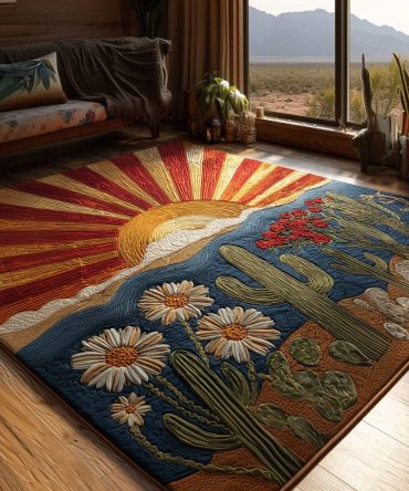 Golden Horizon Bloom Floral Area Rug — Elegant Bloom Motif In Warm Gold, Plush Yet Durable, Fade-Resistant, Ideal For Living Rooms