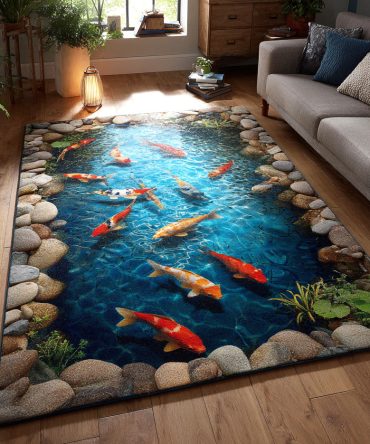 Luxurious Gold Koi Indoor/Outdoor Area Rug — Water-Inspired Pool Design, Plush Low-Pile, Stain-Resistant, Multiple Sizes
