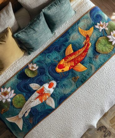 Golden Koi Quilted Bed Runner — Elegant Asian-Inspired Bed Scarf With Koi Motifs, Hand-Quilted Cotton Accent For Tranquil Spaces