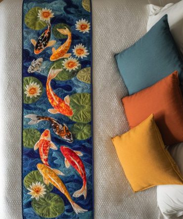 Golden Koi Luxury Quilted Bed Scarf — Reversible Decorative Bed Runner For Elegant Bedroom Styling, Soft Durable Cotton Blend