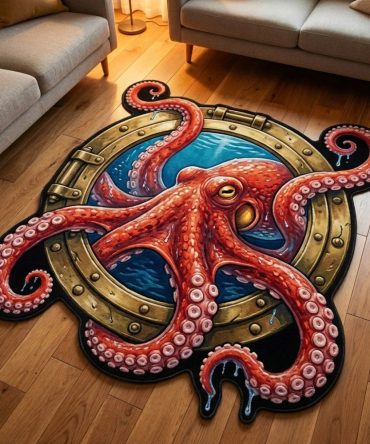 Eye-Catching Golden Kraken Shaped Rug — Custom Cut Nautical Statement Piece, Durable Indoor Accent, Non-Slip Backing, Multiple Sizes