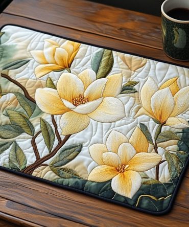 Golden Magnolia Quilted Placemat — Luxe Warm-Tone Magnolia Floral Cotton Mat, Heat-Resistant Quilting & Machine Washable for Upscale Kitchens