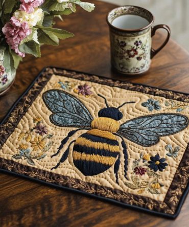 Golden Meadow Bee Quilted Placemats - Bee & Meadow Floral Table Mats, Cotton Blend Protective Dining Placemats, Washable