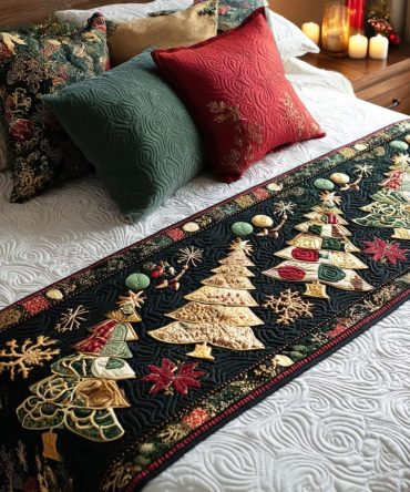 Golden Noel Quilted Bed Runner – Elegant Metallic Holiday Accent, Soft Quilting, Luxurious Christmas Bedding Layer
