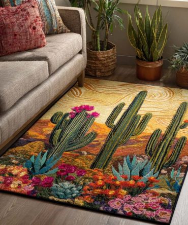 Golden Oasis Plush Area Rug — Tropical-Inspired Botanical Motif, Soft Durable Fiber, Non-Slip Backing, Ideal For Living Rooms & Patios