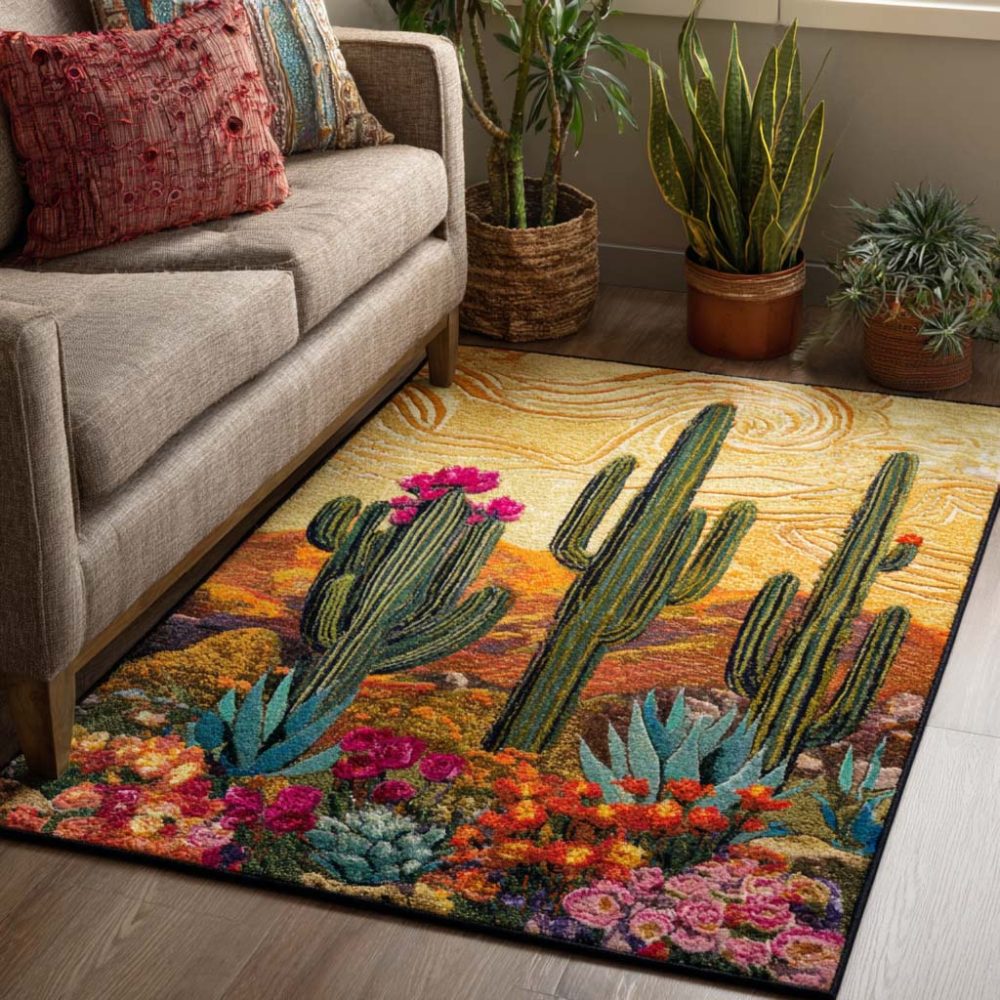 Golden Oasis Plush Area Rug — Tropical-Inspired Botanical Motif, Soft Durable Fiber, Non-Slip Backing, Ideal For Living Rooms & Patios