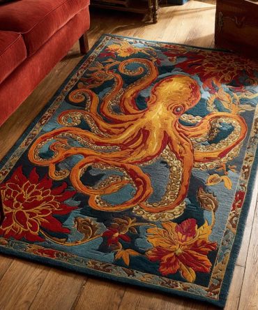Artful Golden Octopus Area Rug — Marine Motif, Soft Low-Pile, Slip-Resistant Backing, Statement Coastal Accent In Multiple Sizes