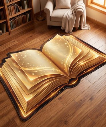 Golden Pages Custom-Shaped Rug — Book-Inspired Hand-Cut Silhouette, Soft Durable Pile, Unique Library & Living Room Accent