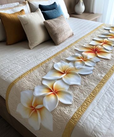Golden Plumeria Luxury Quilted Bed Scarf — Tropical Floral Bed Runner Accent, Reversible Cotton-Blend Throw For Queen & King Beds, Easy Care