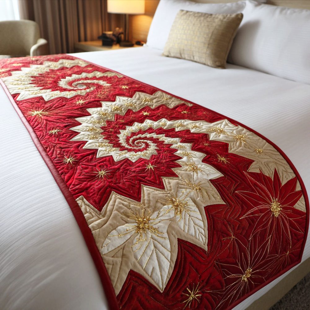 Golden Poinsettia Quilted Bed Runner — Elegant Holiday Bed Scarf With Metallic Accents, Quilted Seasonal Bedroom Luxury