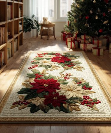 Festive Golden Poinsettia Runner — Holiday Floral Hallway Rug, Plush Pile, Non-Slip Backing, Elegant Seasonal Accent For Entryways & Stairs