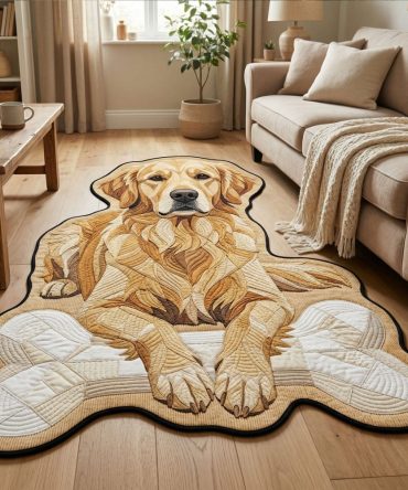 Adorable Golden Retriever Custom-Shaped Rug — Pet Lover'S Cutout Accent, Soft Plush Pile, Machine-Washable Option, Durable Non-Slip Back