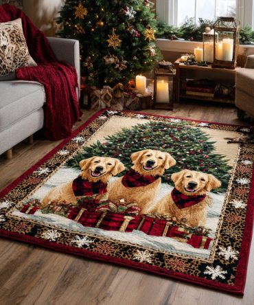 Golden Retriever Trio Area Rug — Charming Puppy Portraits In Warm Gold Tones, Soft Plush Texture, Durable Weave, Kid & Pet-Friendly Accent