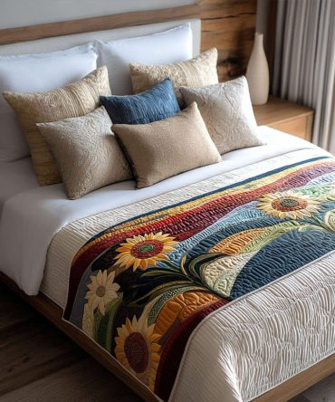 Golden Sun Horizon Quilted Bed Runner – Warm Sunrise Bedding Accent, Premium Cotton Blend For Queen & King Beds