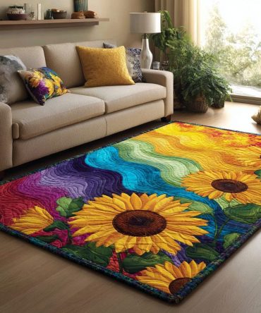 Golden Sunflower Floral Area Rug — Vibrant Plush Accent Rug For Living Room, Stain-Resistant, Soft Low-Pile & Durable