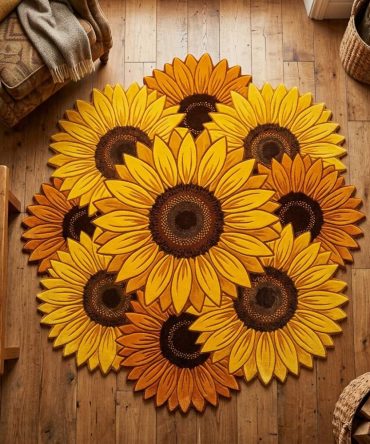 Custom-Shaped Golden Sunflower Rug — Unique Floral Accent Rug, Soft Plush, Durable Construction For Entryway & Bedroom