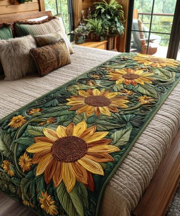 Golden Sunflower Quilted Bed Runner — Luxe Harvest Floral Bed Scarf, Soft Cotton-Blend, Reversible For Queen & King Beds