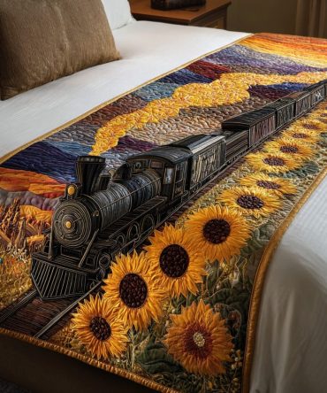 Golden Tracks Quilted Bed Runner — Modern Geometric Decorative Throw For Queen & King Beds, Reversible Cotton-Blend Accent