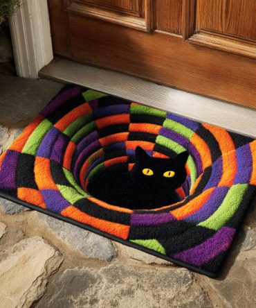 Golden Vortex Cat Doormat — Modern Art Cat Entrance Rug, Durable Outdoor Coir Welcome Mat With Non-Slip Backing For Stylish Home Entrances