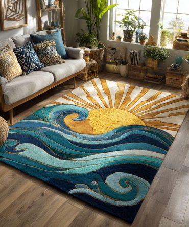 Golden Wave Contemporary Area Rug — Modern Wave Pattern Rug, Low-Pile Plush, Durable & Easy-Care For Living Room Or Office