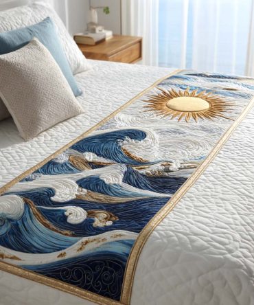 Golden Waves Quilted Bed Runner , Luxe Coastal Wave Design For Queen & King Beds, Reversible, Elegant Bedroom Accent