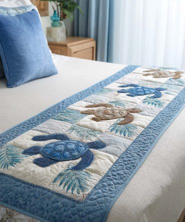 Graceful Glide Quilted Decorative Runner — Elegant Ocean-Inspired Bed Scarf, Soft Cotton, Reversible Design For Queen & King Beds