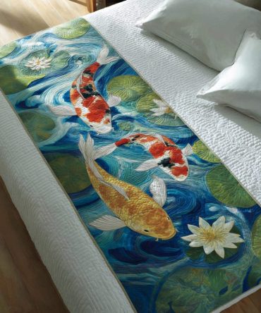 Graceful Koi Quilted Bed Runner — Elegant Oriental-Inspired Bedding Accent, Smooth Cotton-Blend, Reversible & Easy-Care