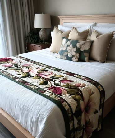 Graceful Magnolia Bouquet Quilted Bed Scarf — Elegant Floral Bed Runner Accent, Reversible Cotton-Blend Throw For Queen & King Beds, Machine Washable
