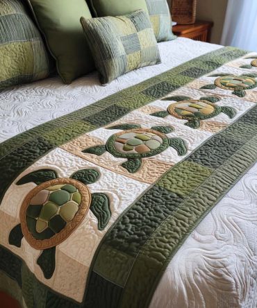Green Earth Turtle Quilted Bed Scarf — Eco-Inspired Decorative Runner, Soft Cotton Blend, Reversible Accent For Queen & King Beds