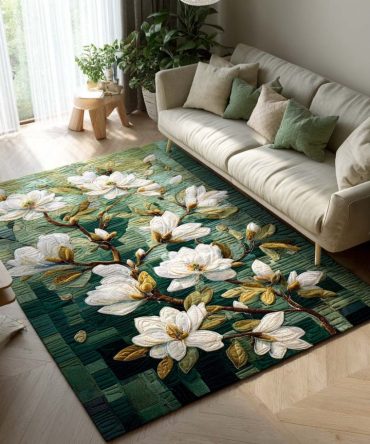 Lush Green Botanical Area Rug For Living Room - Low-Pile Soft Accent Rug With Non-Slip Backing, Multiple Sizes & Colors
